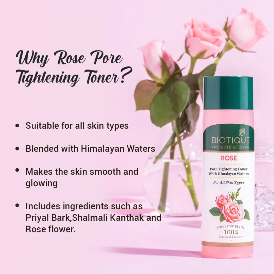 Biotique Rose Pore Tightening Toner With Himalayan Waters For All Skin Type 120Ml, Pack of 1