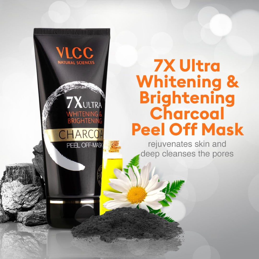 VLCC 7X Ultra Whitening & Brightening Charcoal Peel Off Mask - 100g | With Vitamin E, Rosewater, Lemon Peel Oil | Deep Cleansing, Removing Blackheads, Fade Dark Spots & Skin Nourishment.