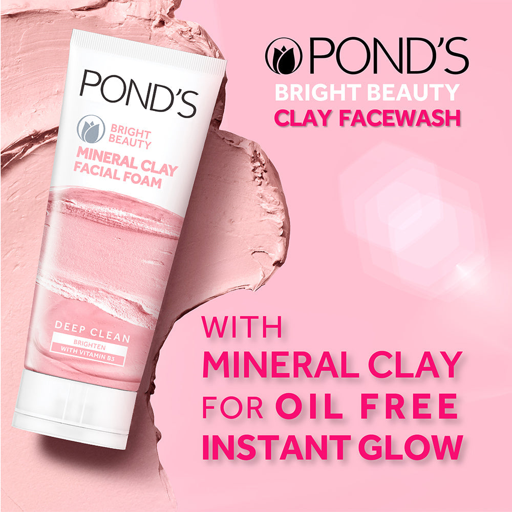 POND'S Bright Beauty Mineral Clay Facial Foam With Vitamin B3+, Oil Free Instant Glow, (90gm)