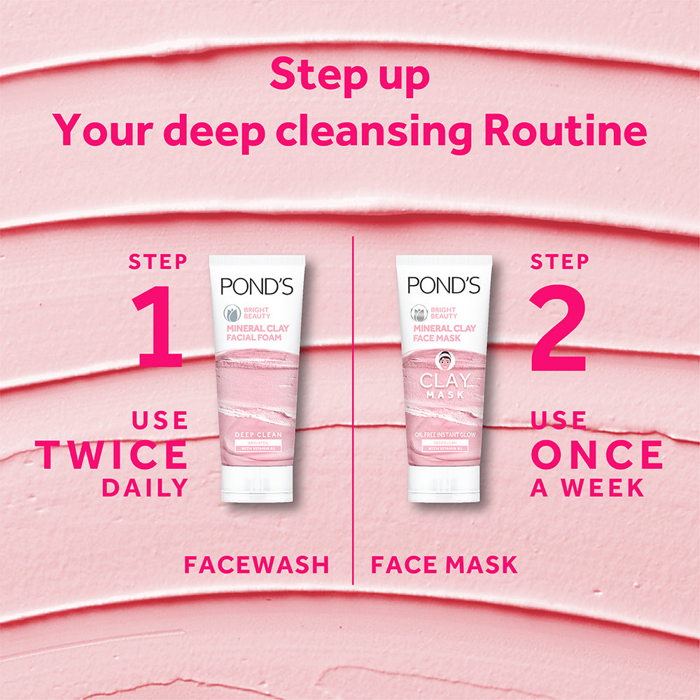 POND'S Bright Beauty Mineral Clay Facial Foam With Vitamin B3+, Oil Free Instant Glow, (90gm)