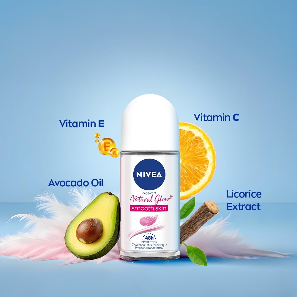 NIVEA Natural Glow Smooth Skin Deodorant Roll On for Women with Vitamin C, Vitamin E, Avocado oil and Licorice Extract | 72 H Even Toned, Smooth & Beautiful Underarms | 0% Alcohol |50 ml