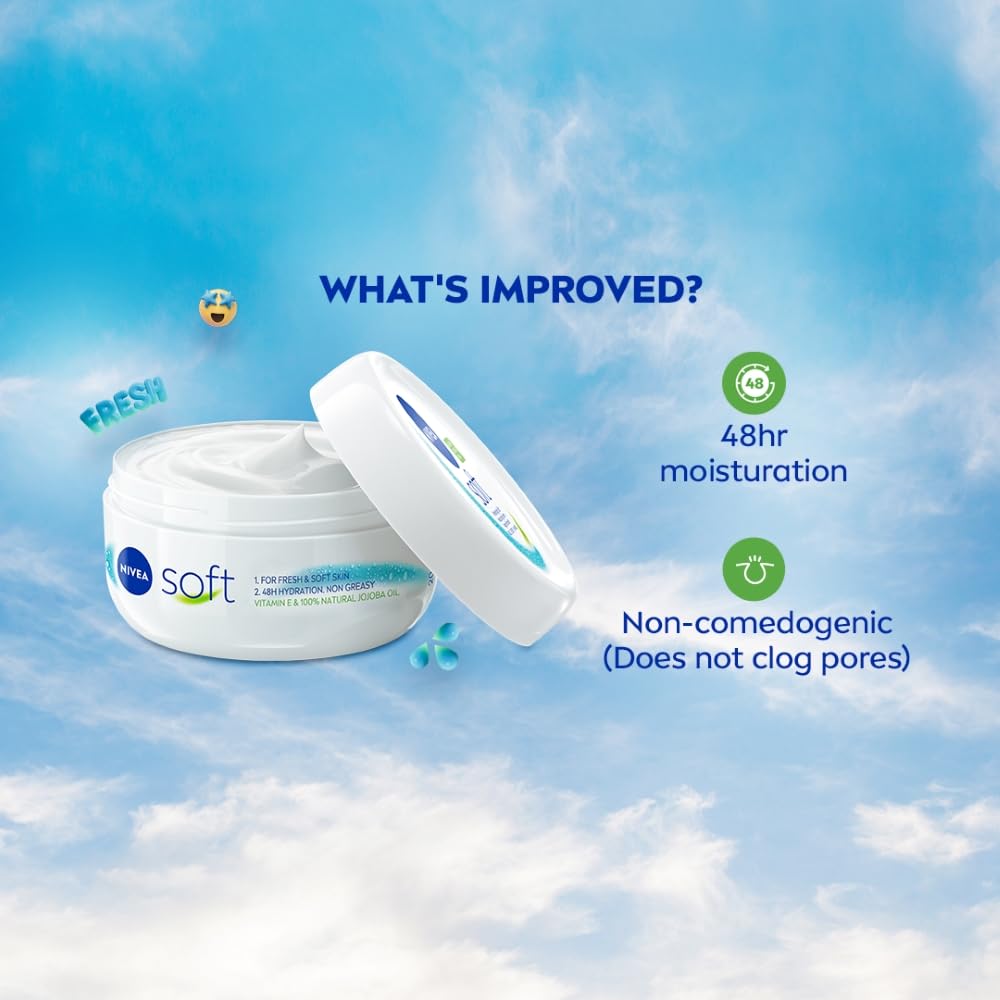 NIVEA Soft Light Moisturizer For Face, Hand & Body, Instant Hydration, Non-Greasy Cream With Vitamin E & Jojoba Oil, 50ml