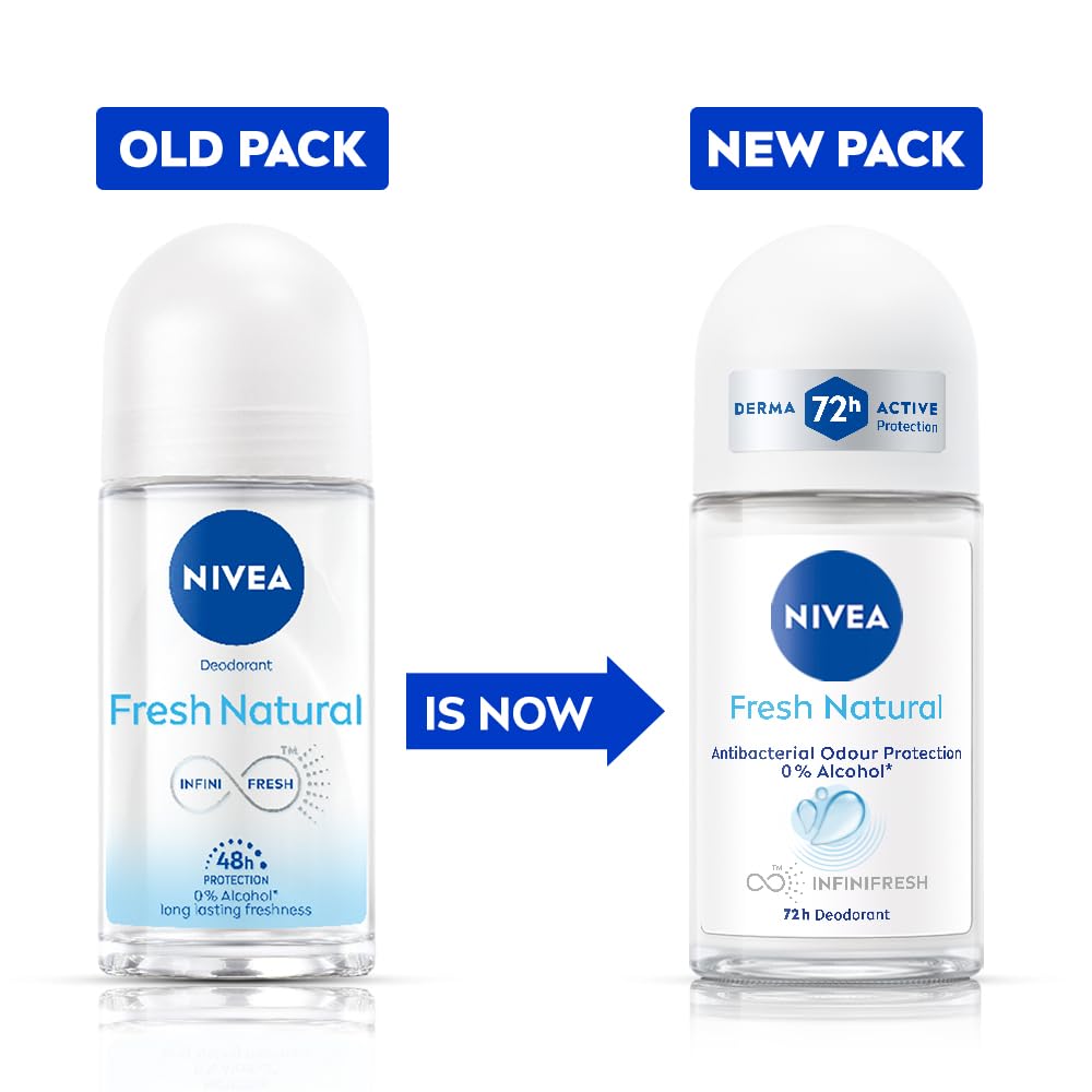 NIVEA Fresh Natural Roll On, 50ml| 48 H Smooth & Beautiful Underarms| 0% Alcohol | For Women