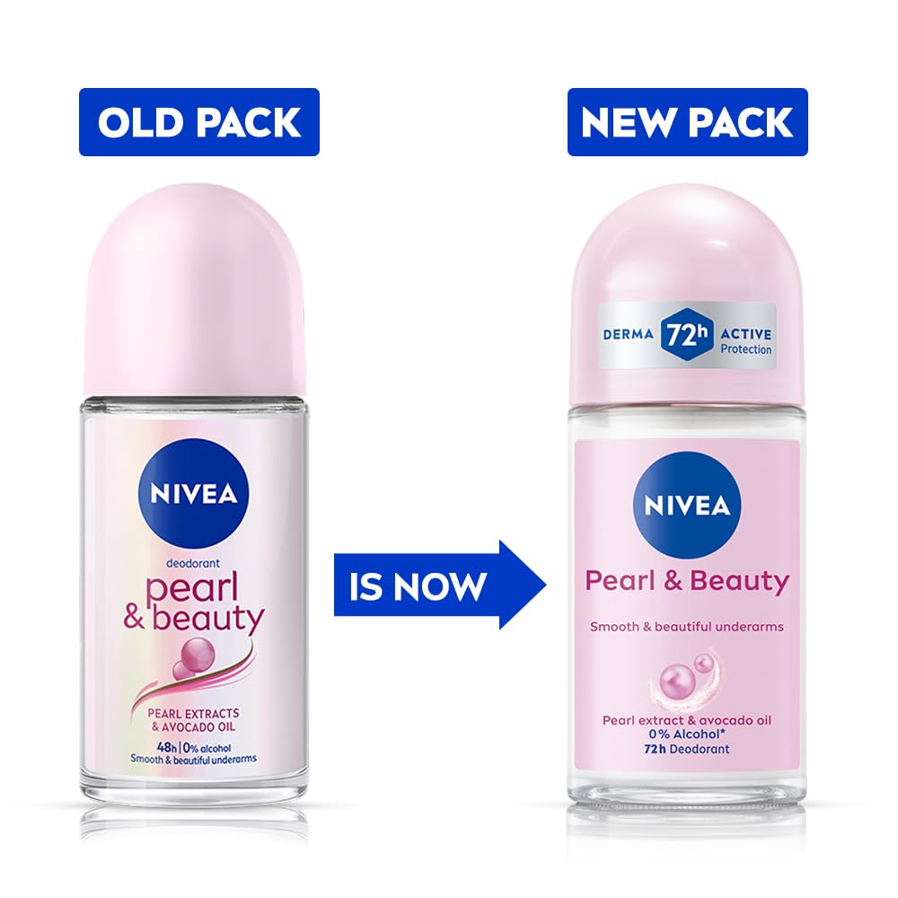 NIVEA Pearl and Beauty 50ml Deo Roll On | With Pearl Extracts & Avocado Oil| 72 H Smooth & Beautiful Underarms | 0% Alcohol | For Women