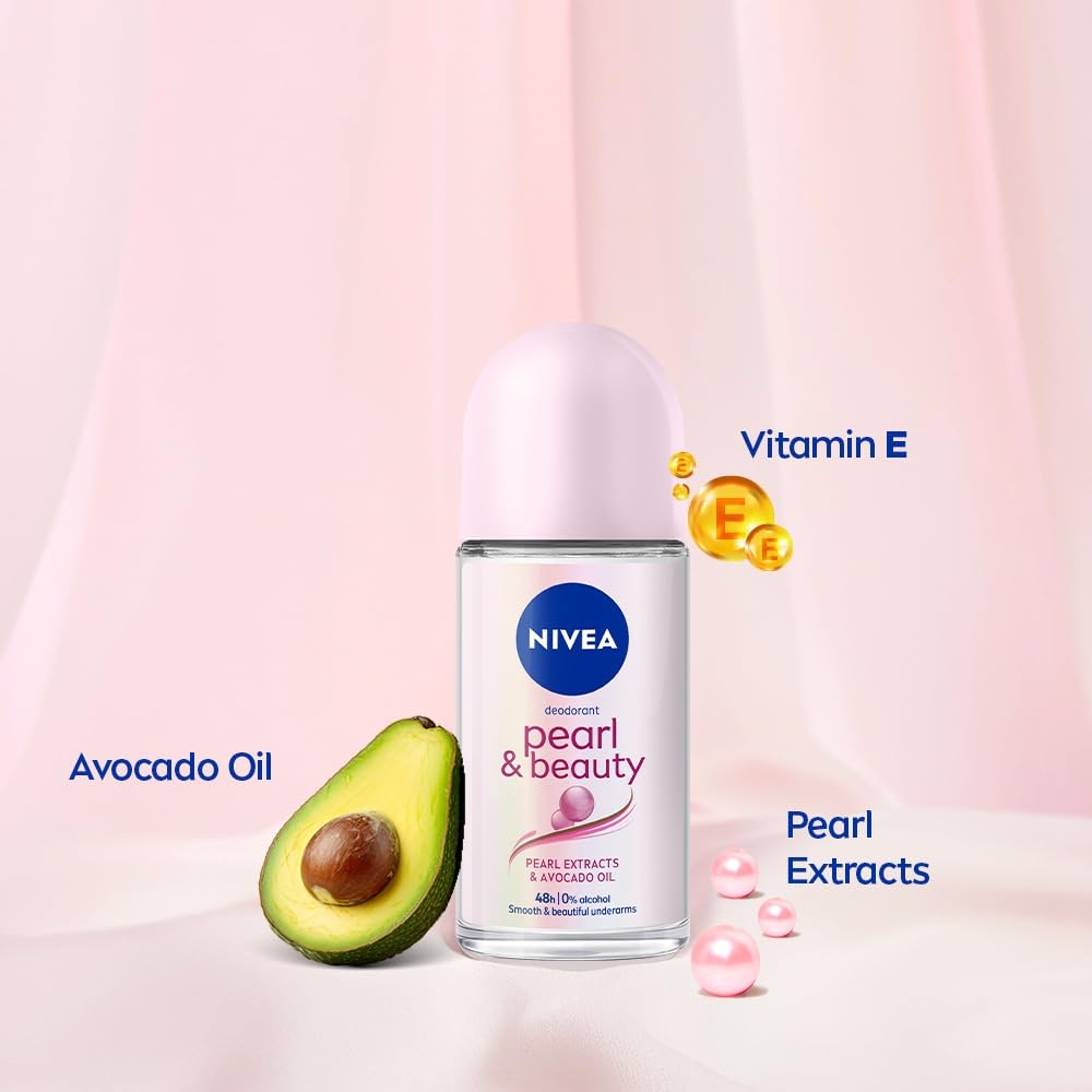 NIVEA Pearl and Beauty 50ml Deo Roll On | With Pearl Extracts & Avocado Oil| 72 H Smooth & Beautiful Underarms | 0% Alcohol | For Women