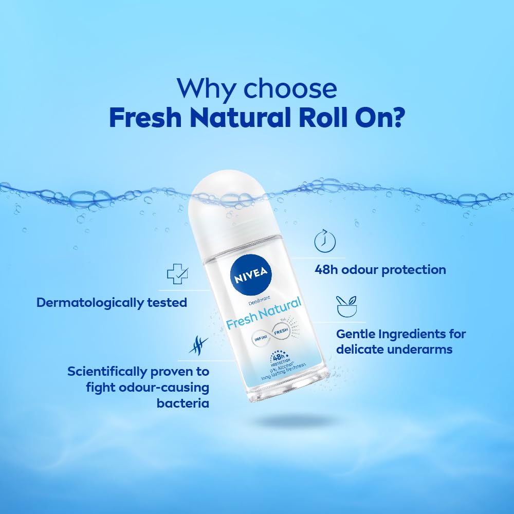 NIVEA Fresh Natural Roll On, 50ml| 48 H Smooth & Beautiful Underarms| 0% Alcohol | For Women
