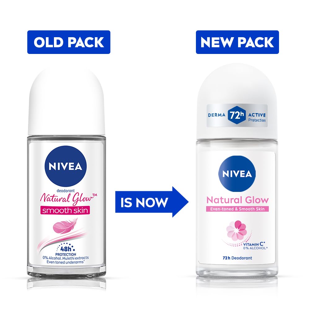NIVEA Natural Glow Smooth Skin Deodorant Roll On for Women with Vitamin C, Vitamin E, Avocado oil and Licorice Extract | 72 H Even Toned, Smooth & Beautiful Underarms | 0% Alcohol |50 ml