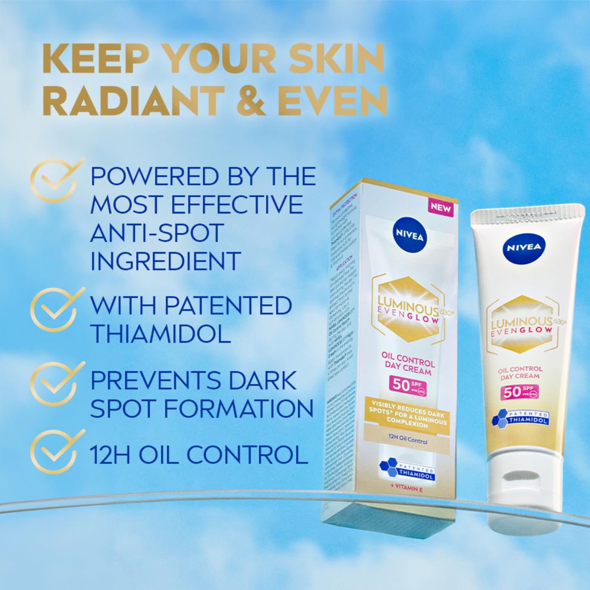 NIVEA Luminous Day Cream for Face for Even Glow & Oil Control | SPF 50 with UV protection & UVA UVB filters | Thiamidol, Hyaluronic Acid, Vitamin E for Dark Spots Reduction & Deep Moisturization| 40ml
