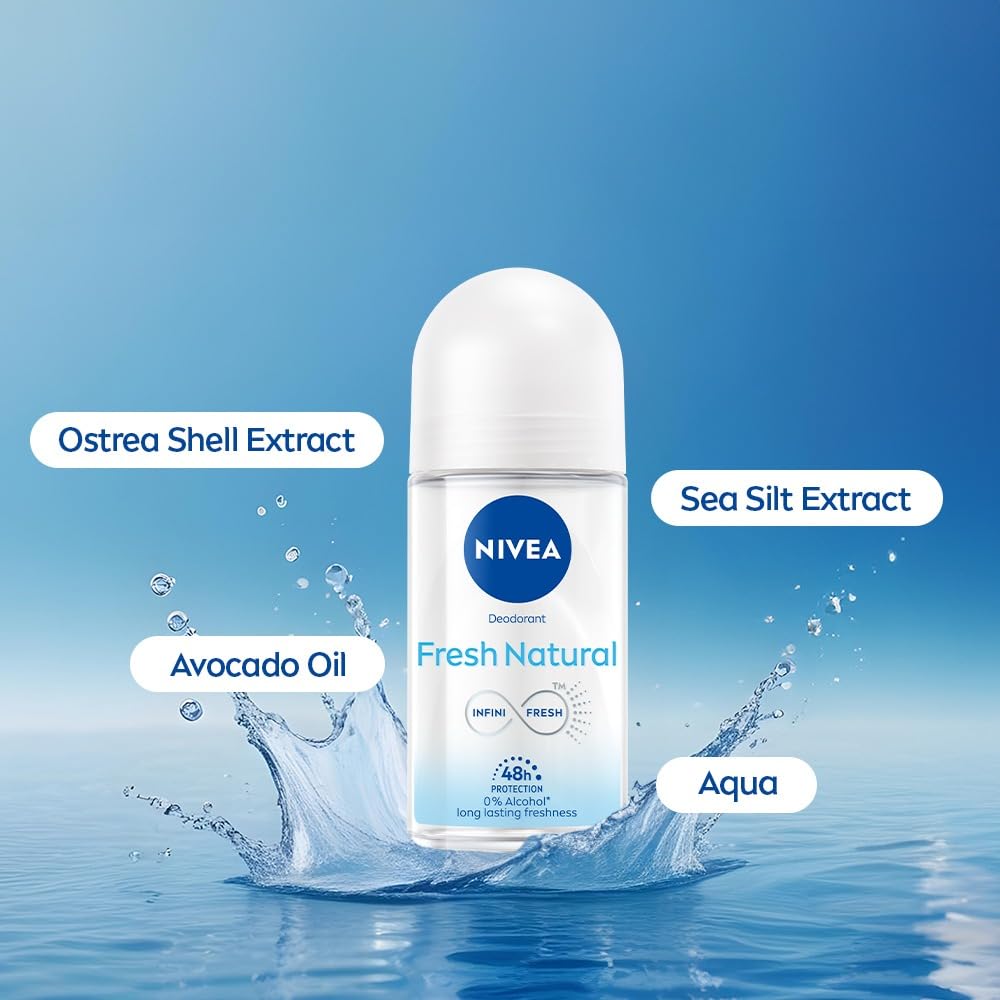 NIVEA Fresh Natural Roll On, 50ml| 48 H Smooth & Beautiful Underarms| 0% Alcohol | For Women