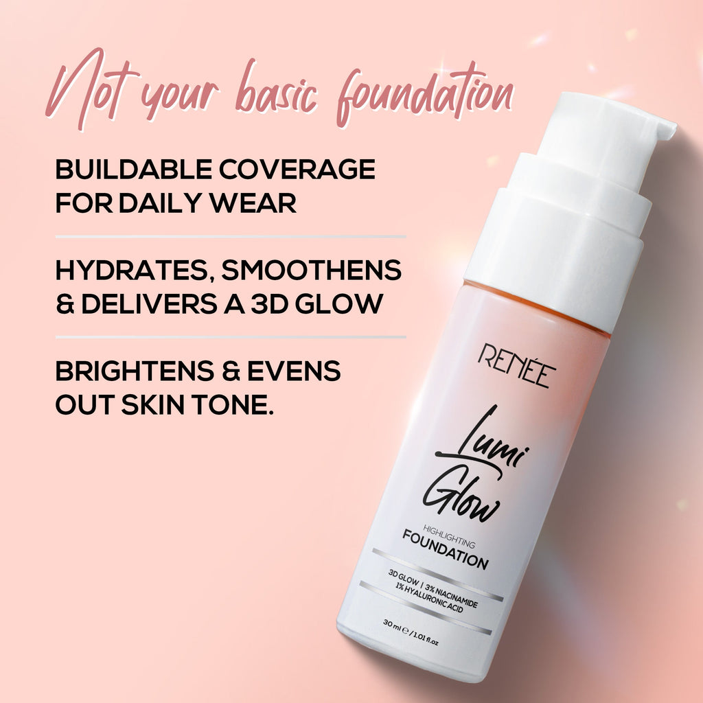 RENEE Lumi Glow Highlighting Liquid Foundation With Dewy Finish, Buildable Coverage & 3D Glow, 30 ml