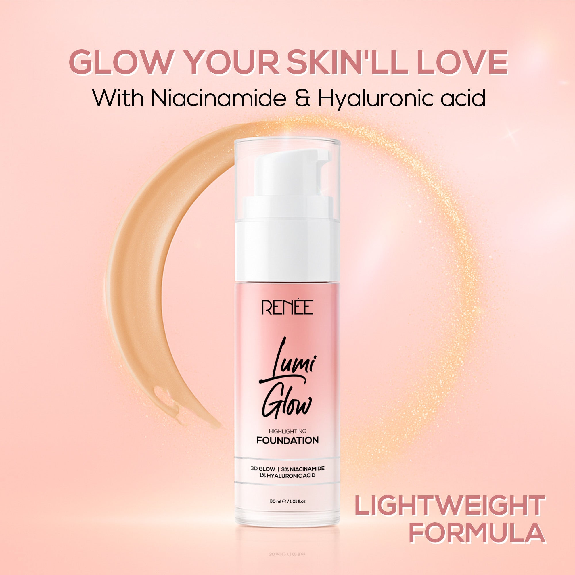 RENEE Lumi Glow Highlighting Liquid Foundation With Dewy Finish, Buildable Coverage & 3D Glow, 30 ml