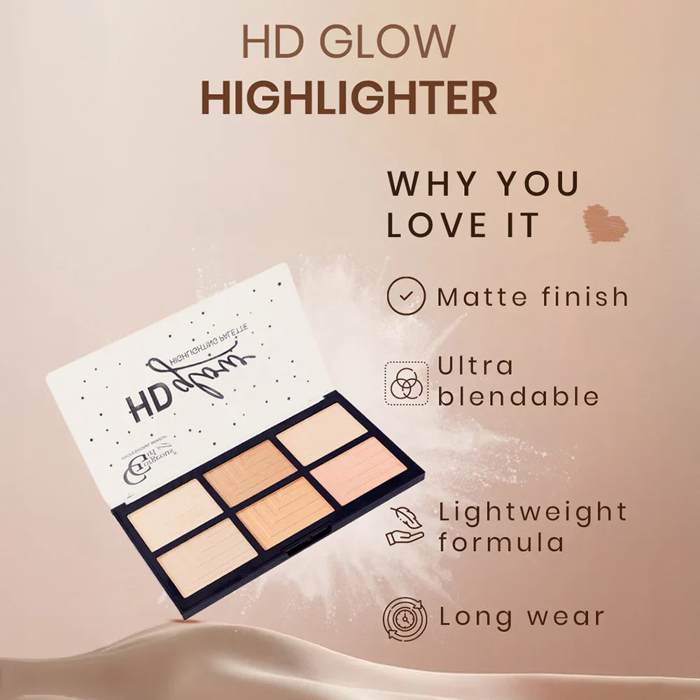Gorgeous Girl 6 Color HD Glow Highlighter, Highly Pigmented & Blendable For Luminous Finish, 30g