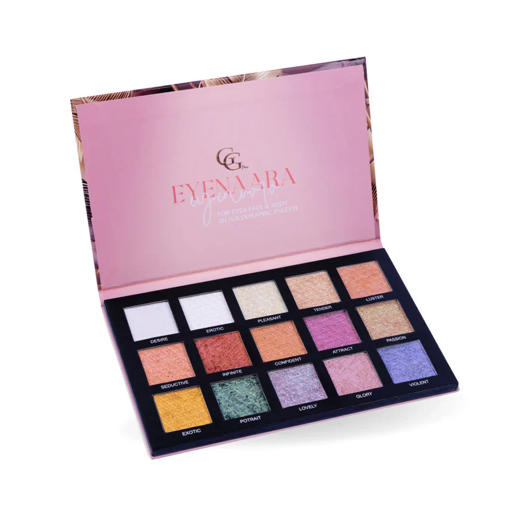 Gorgeous Girl EYENARA 2-in-1 3D Holographic Highlighter & Eyeshadow Palette | 15 Highly Pigmented Shades, 75g