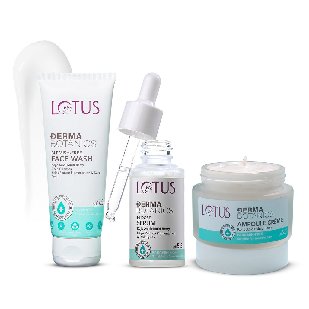 Lotus DermaBotanics Kojic Facewash+Multi Berry Hi-Dose Serum+Ampoule Crème