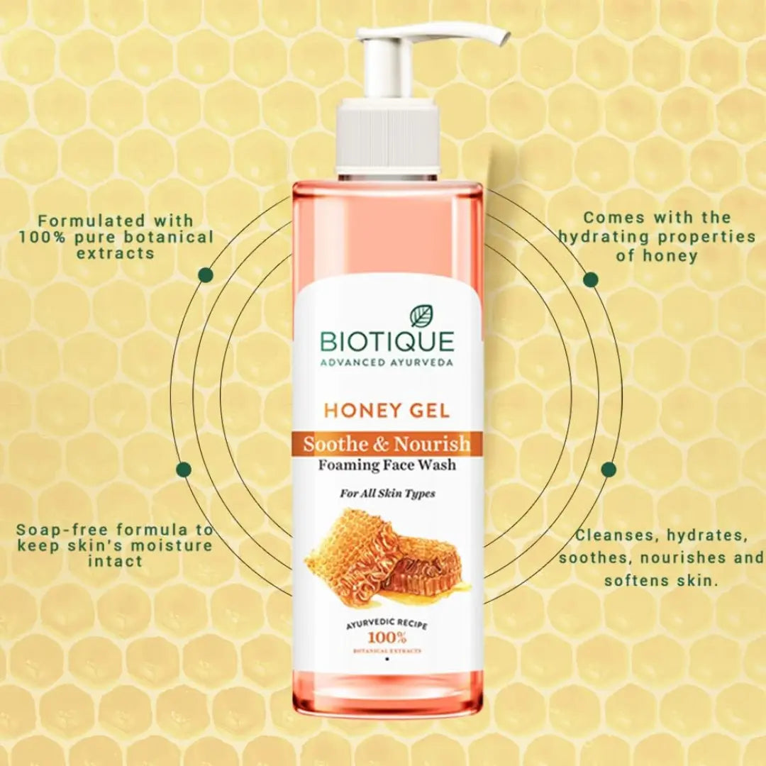 Biotique Honey Gel Soothe & Nourish Foaming Face wash | Soap Free Formula | Reduce Dryness | Suitable for All Skin Types | 200ml