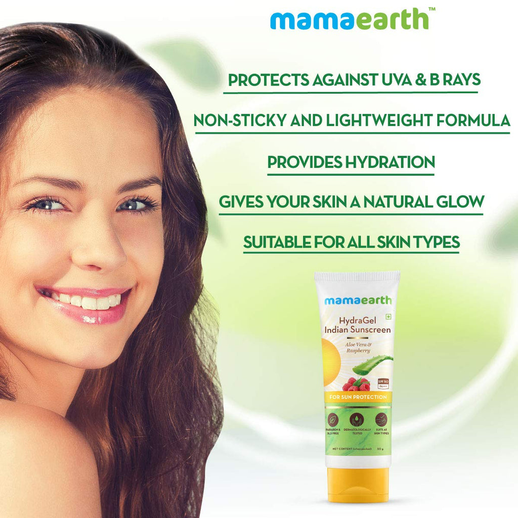 Mamaearth HydraGel Indian Sunscreen SPF 50, with Aloe Vera & Raspberry, for Sun Protection