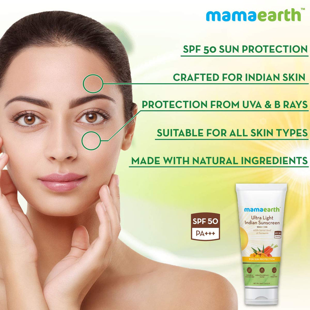 Mamaearth Ultra Light Indian Sunscreen SPF50 PA+++ With Turmeric & Carrot Seed