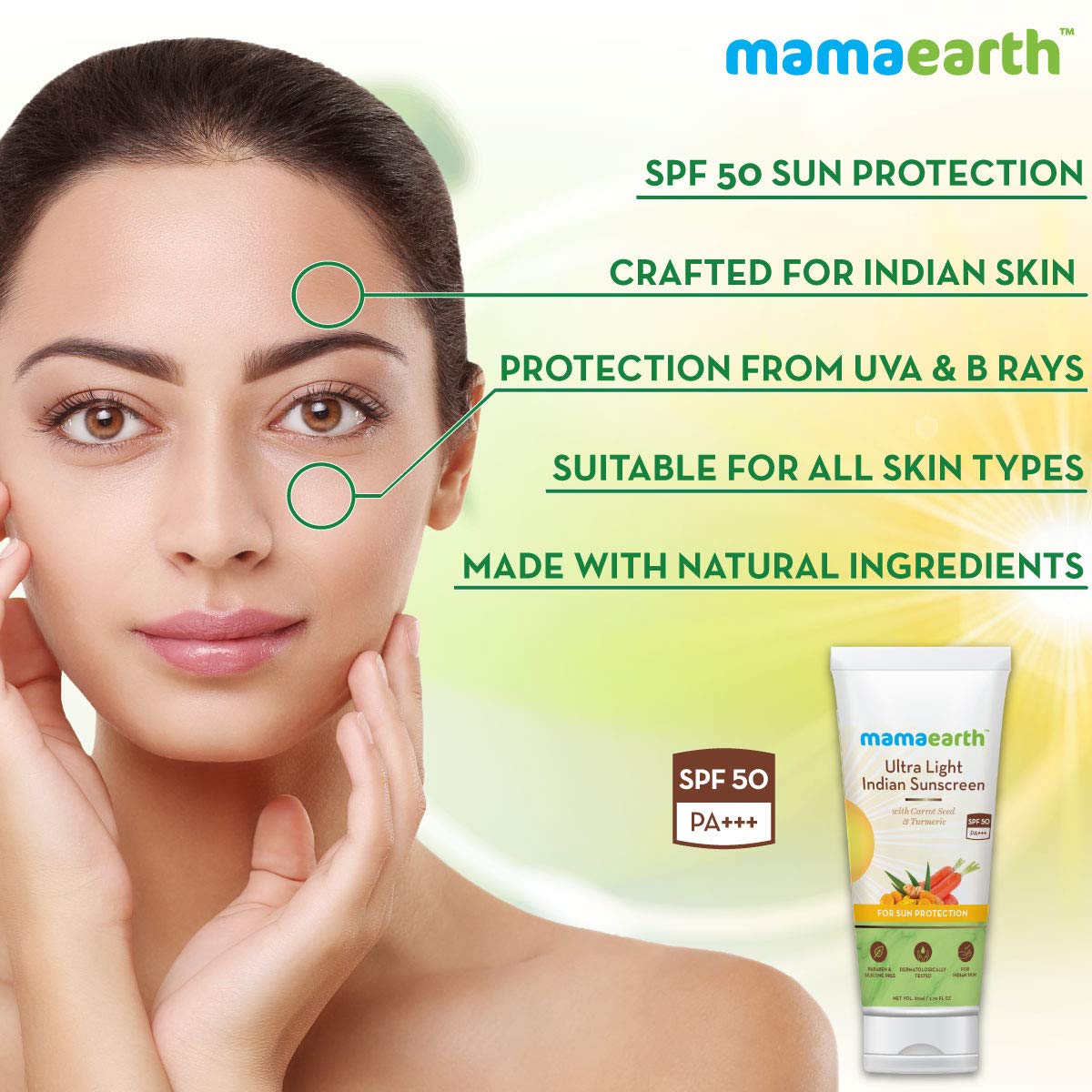 Mamaearth Ultra Light Indian Sunscreen SPF50 PA+++ With Turmeric & Carrot Seed