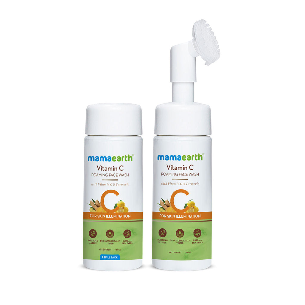 Mamaearth Vitamin C Foaming Face Wash With Brush Combo Pack With Refill For Skin Illumination