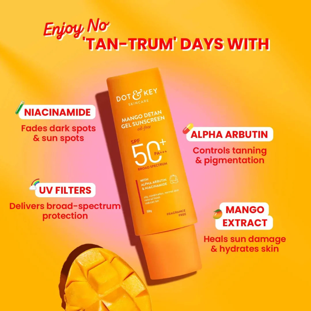 Dot & Key Mango Detan Gel Sunscreen SPF 50+ PA+++ | Oil-Free, With Alpha-Arbutin & Niacinamide (80g)