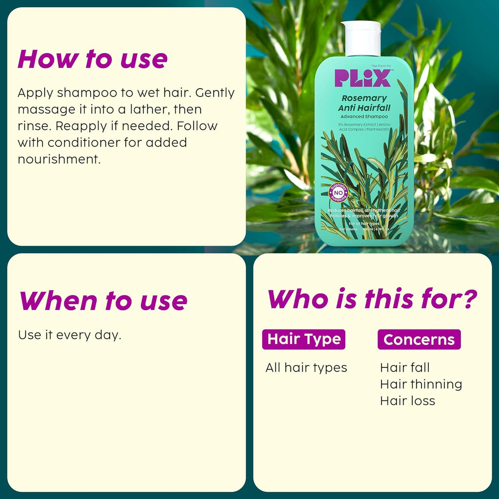 Plix Rosemary Anti-Hairfall Advanced Shampoo for Stronger, Fuller Hair, 200ml