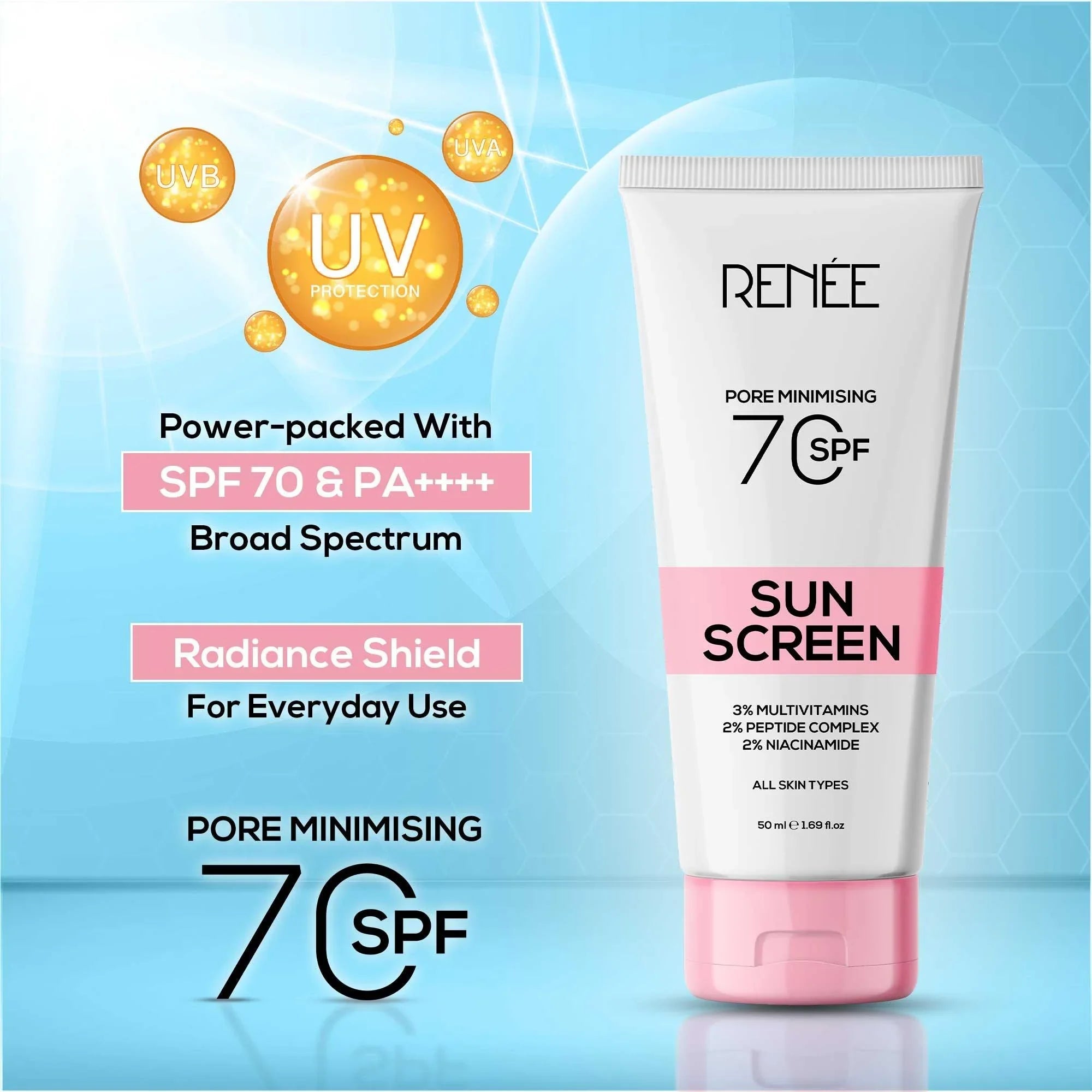 RENEE Pore Minimizing Sunscreen SPF 70 With 2% Niacinamide, 2% Peptide Complex & 3% Multivitamins, 50Ml