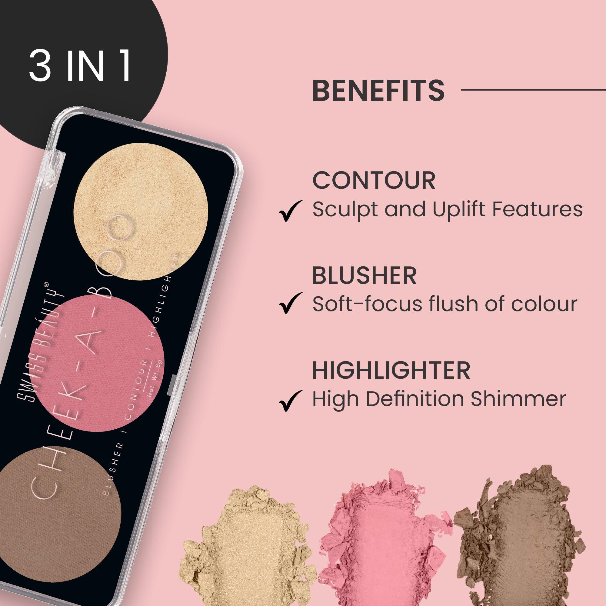 Swiss Beauty Cheek-A-Boo 3-in-1 Face Palette with Blusher , Contour and Highlighter