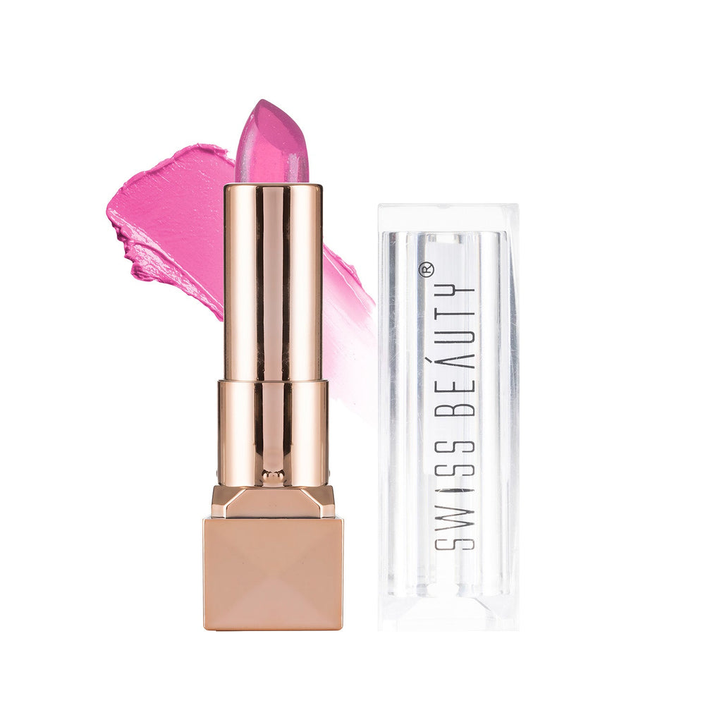 Lipstick with pink shade and 'Swiss Beauty' branding on a white background
