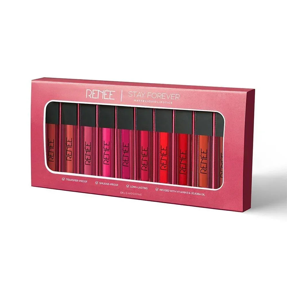 RENEE Stay Forever Matte Liquid Lipsticks Combo of 10, 1 ml each - Paytm Exclusive