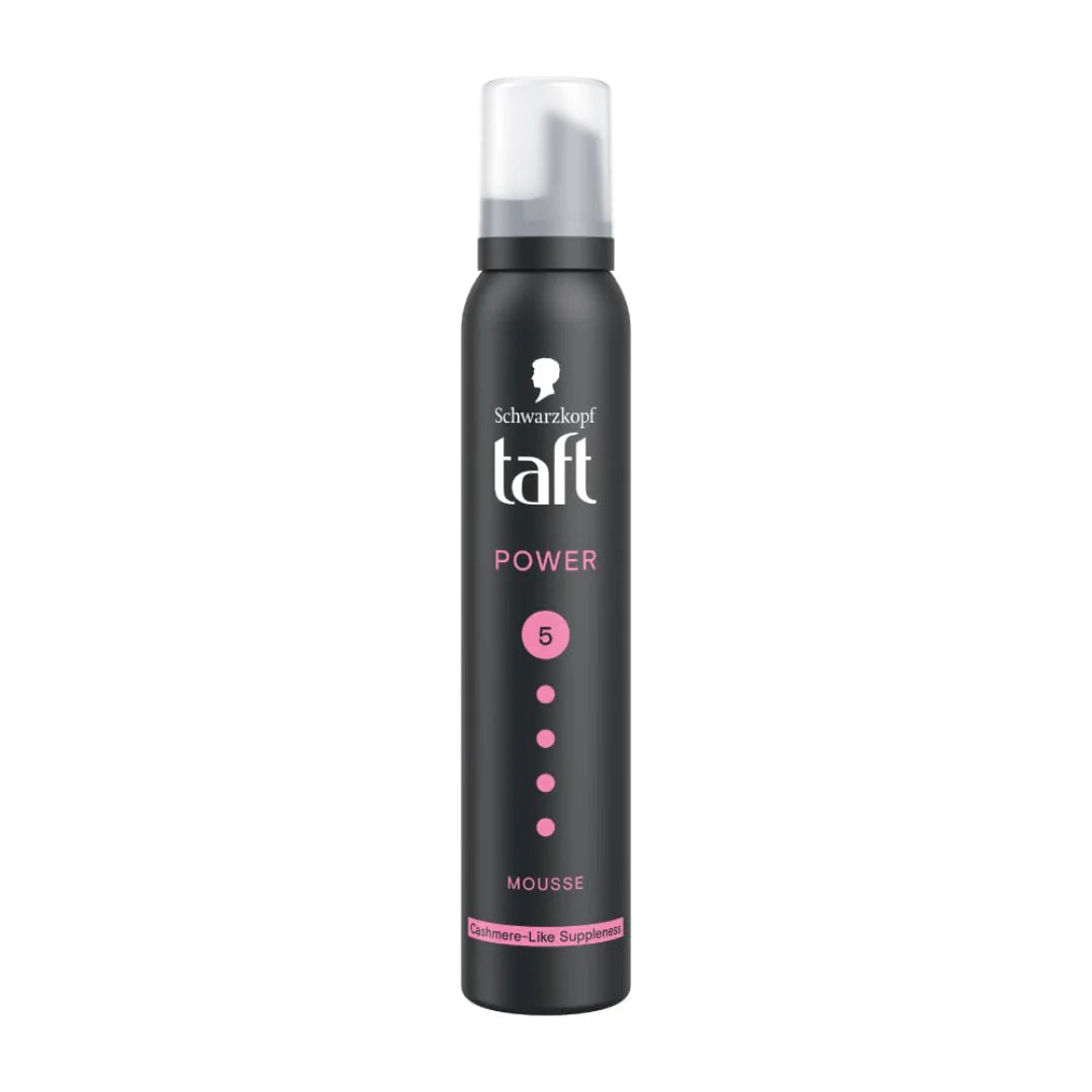Schwarzkopf TAFT Power Hold 5 Hair Mousse, Lasts 24 Hours, Cashmere-Like Softness, With No Stickiness, Heat Protection, Silicone Free, Lightweight Styler To Controls Frizz And Provides Shine (200ml)