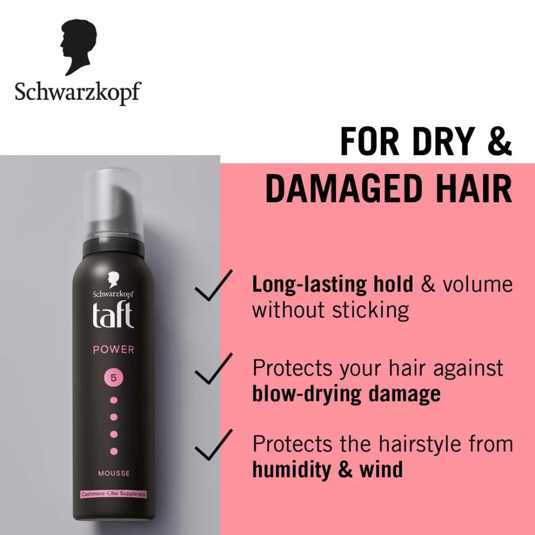 Schwarzkopf TAFT Power Hold 5 Hair Mousse, Lasts 24 Hours, Cashmere-Like Softness, With No Stickiness, Heat Protection, Silicone Free, Lightweight Styler To Controls Frizz And Provides Shine (200ml)