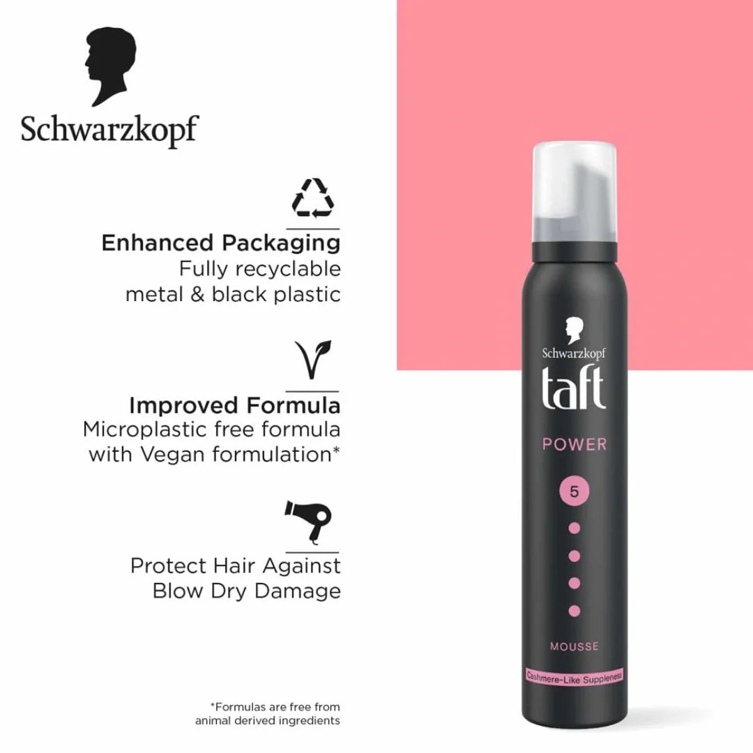 Schwarzkopf TAFT Power Hold 5 Hair Mousse, Lasts 24 Hours, Cashmere-Like Softness, With No Stickiness, Heat Protection, Silicone Free, Lightweight Styler To Controls Frizz And Provides Shine (200ml)