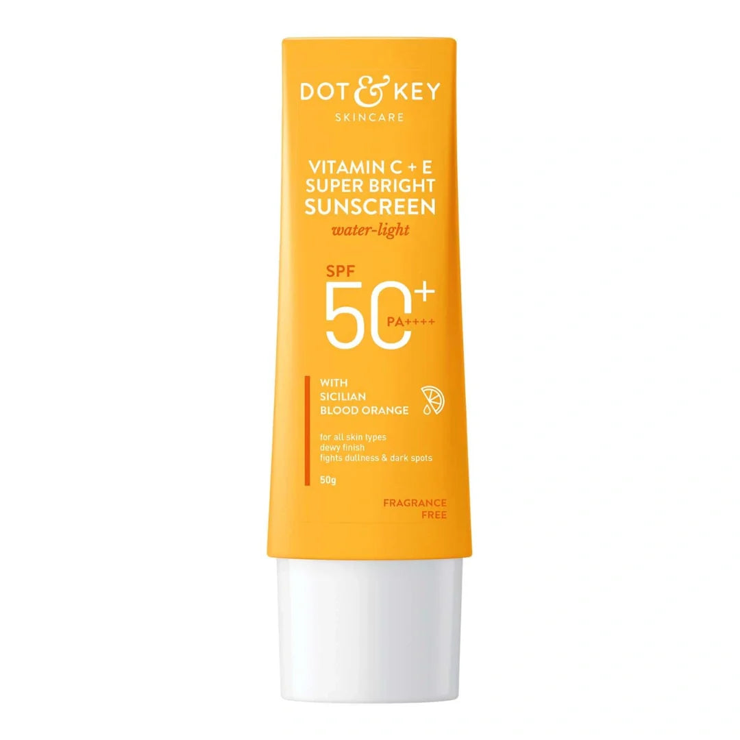 Dot & Key Vitamin C + E Super Bright Sunscreen Spf 50 |Water-Light,UVA/UVB & Blue Light Protection|For Even Toned & Glowing Skin|With Liquid Spf 50+++| No White Cast| For All Skin Types (50g)