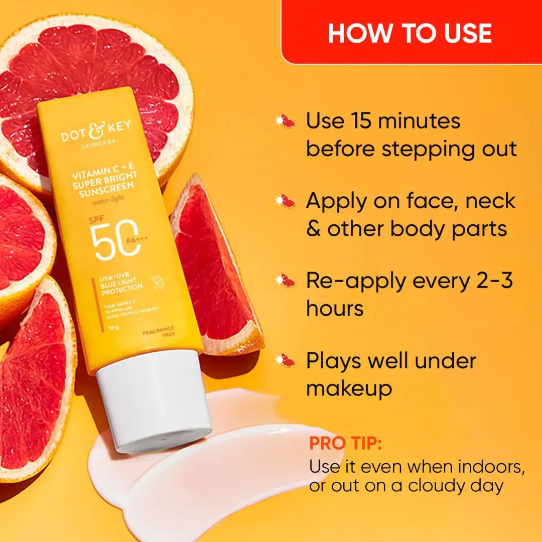 Dot & Key Vitamin C + E Super Bright Sunscreen Spf 50 |Water-Light,UVA/UVB & Blue Light Protection|For Even Toned & Glowing Skin|With Liquid Spf 50+++| No White Cast| For All Skin Types (80g)