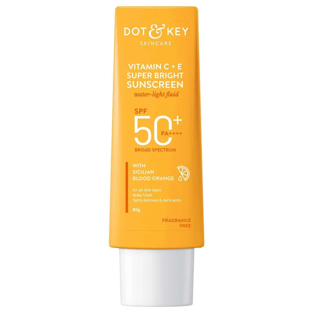 Dot & Key Vitamin C + E Super Bright Sunscreen Spf 50 |Water-Light,UVA/UVB & Blue Light Protection|For Even Toned & Glowing Skin|With Liquid Spf 50+++| No White Cast| For All Skin Types (80g)