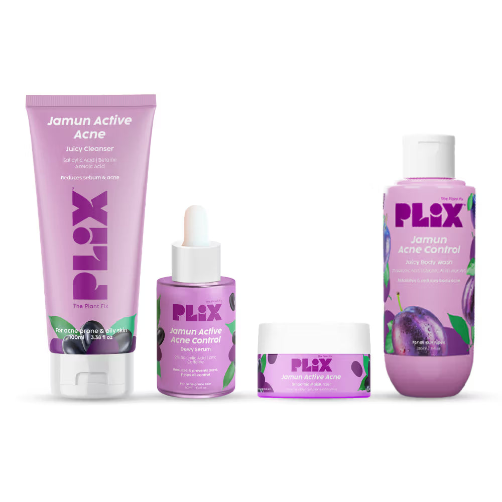 Plix Jamun Active Acne Regime - Cleanser, Acne Mark Serum, Moisturizer & Body Wash For Women & Men (4 pcs)