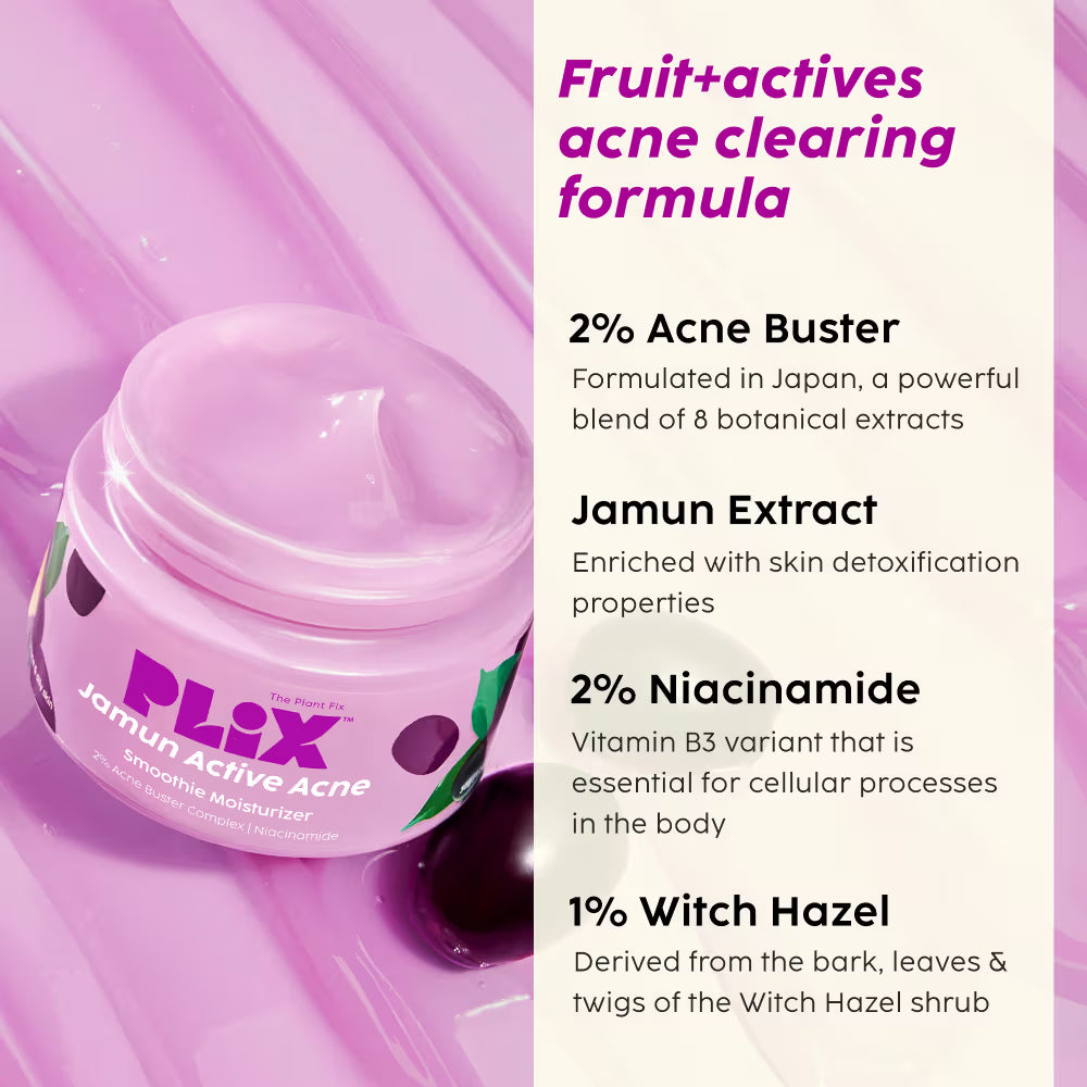 Plix Jamun Active Acne Regime - Cleanser, Acne Mark Serum, Moisturizer & Body Wash For Women & Men (4 pcs)