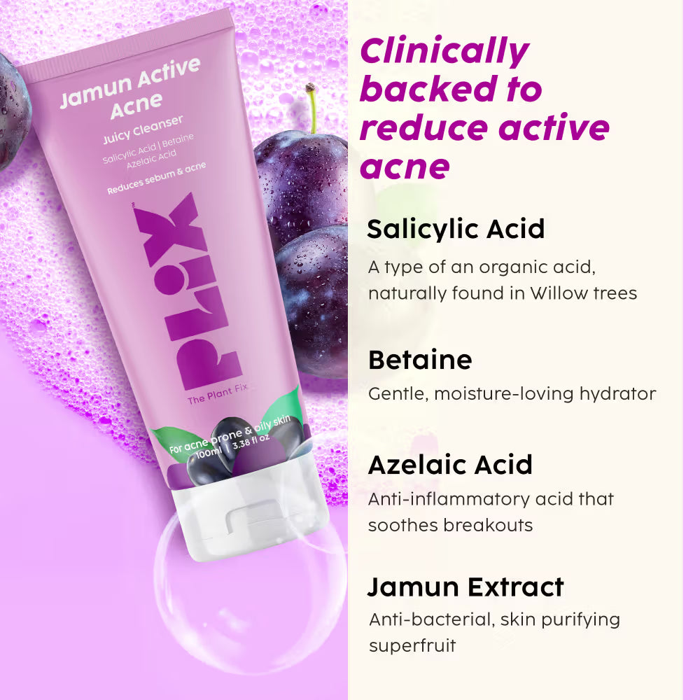 Plix Jamun Active Acne Regime - Cleanser, Acne Mark Serum, Moisturizer & Body Wash For Women & Men (4 pcs)