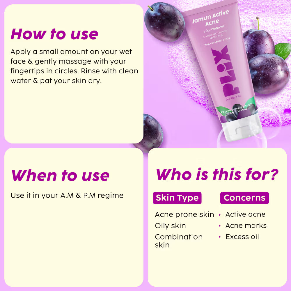 Plix Jamun Active Acne Regime - Cleanser, Acne Mark Serum, Moisturizer & Body Wash For Women & Men (4 pcs)