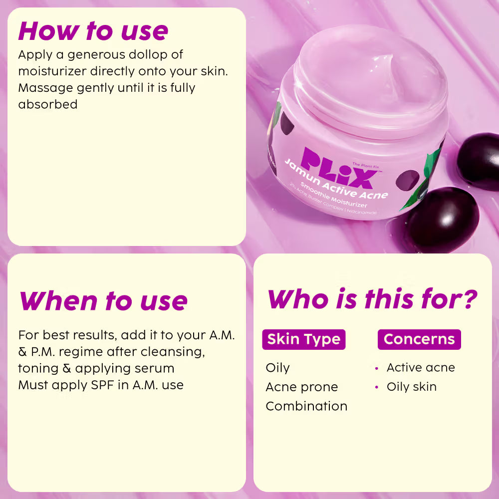 Plix Jamun Active Acne Regime - Cleanser, Acne Mark Serum, Moisturizer & Body Wash For Women & Men (4 pcs)