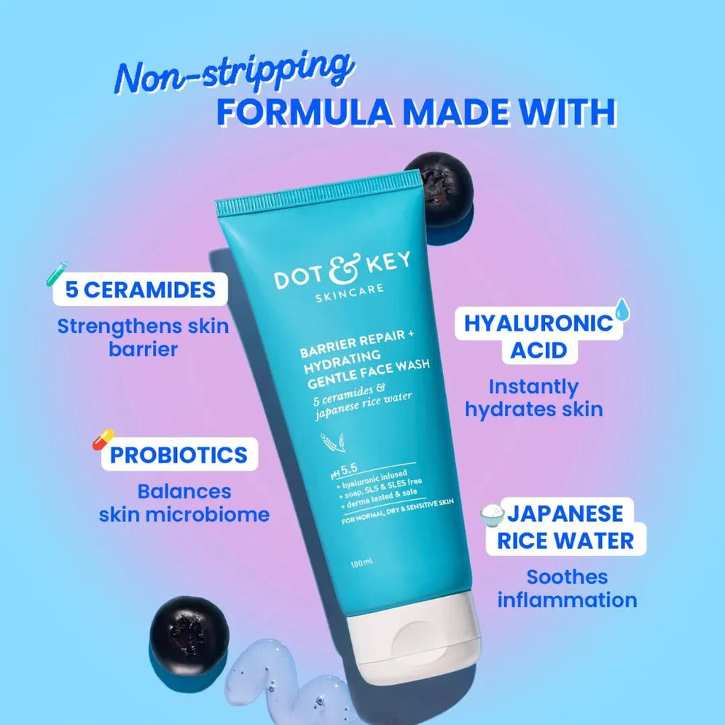 DOT & KEY Barrier Repair + Hydrating Gentle Face Wash With Probiotic | Ceremide Face Wash | For Dry Skin,Normal Skin & Sensitive Skin | Gently Cleanses Skin From Dirt & Oil For Unisex,100Ml