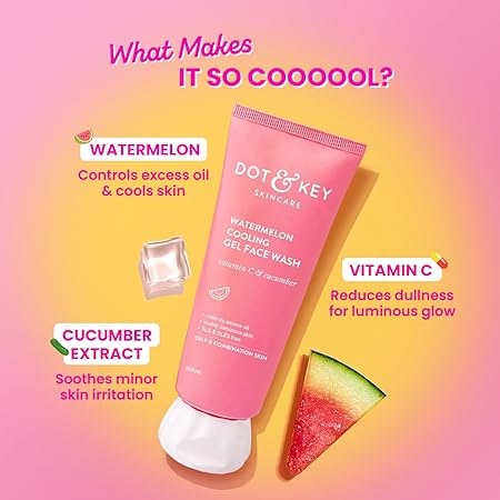 Dot & Key Watermelon Cooling Gel Face Wash With Vitamin C & Cucumber | Face Wash For Glowing Skin|Oil Free |Removes Excess Oil & Dirt | For Combination & Oily Skin| For Women & Men|100Ml