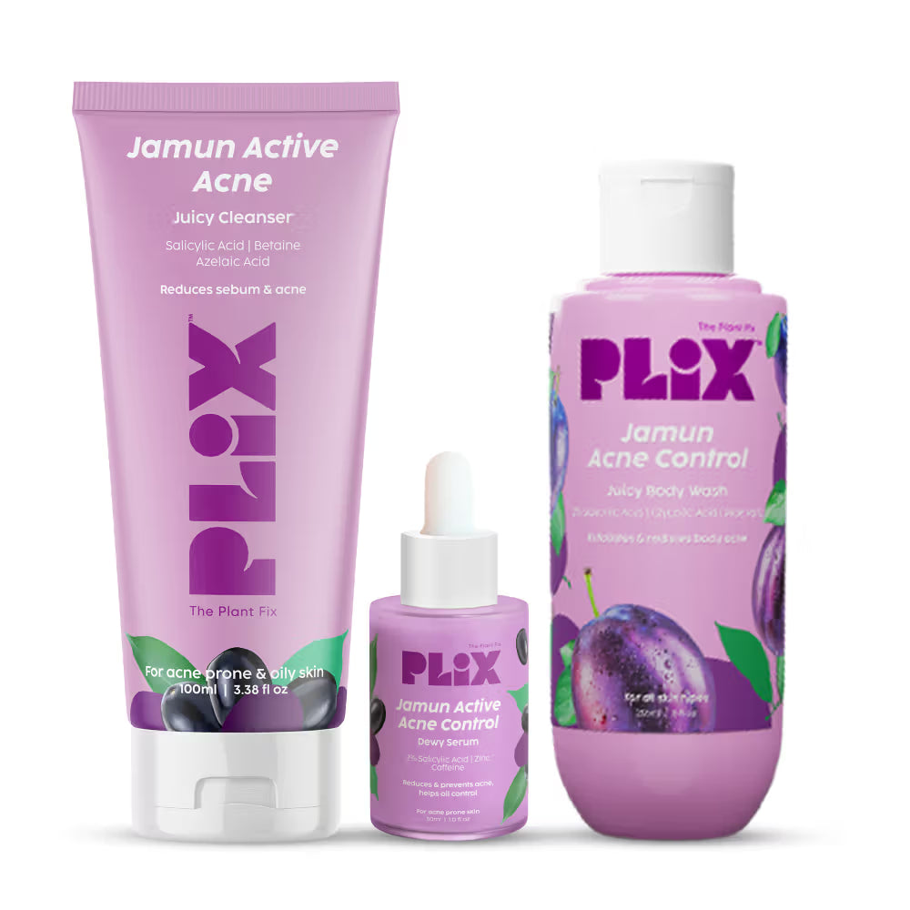 Plix Jamun Skincare Combo With Cleanser, Body Wash & Active Acne Serum For Women & Men (3 pcs)