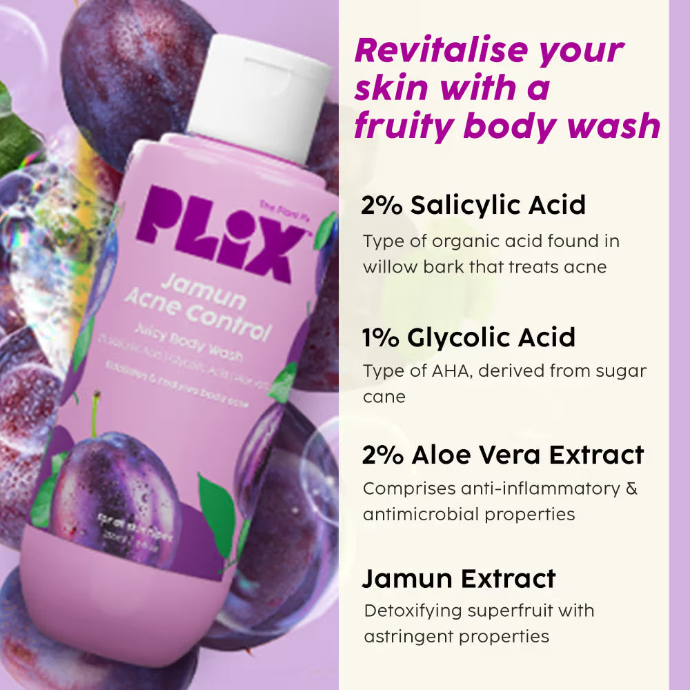 Plix Jamun Skincare Combo With Cleanser, Body Wash & Active Acne Serum For Women & Men (3 pcs)