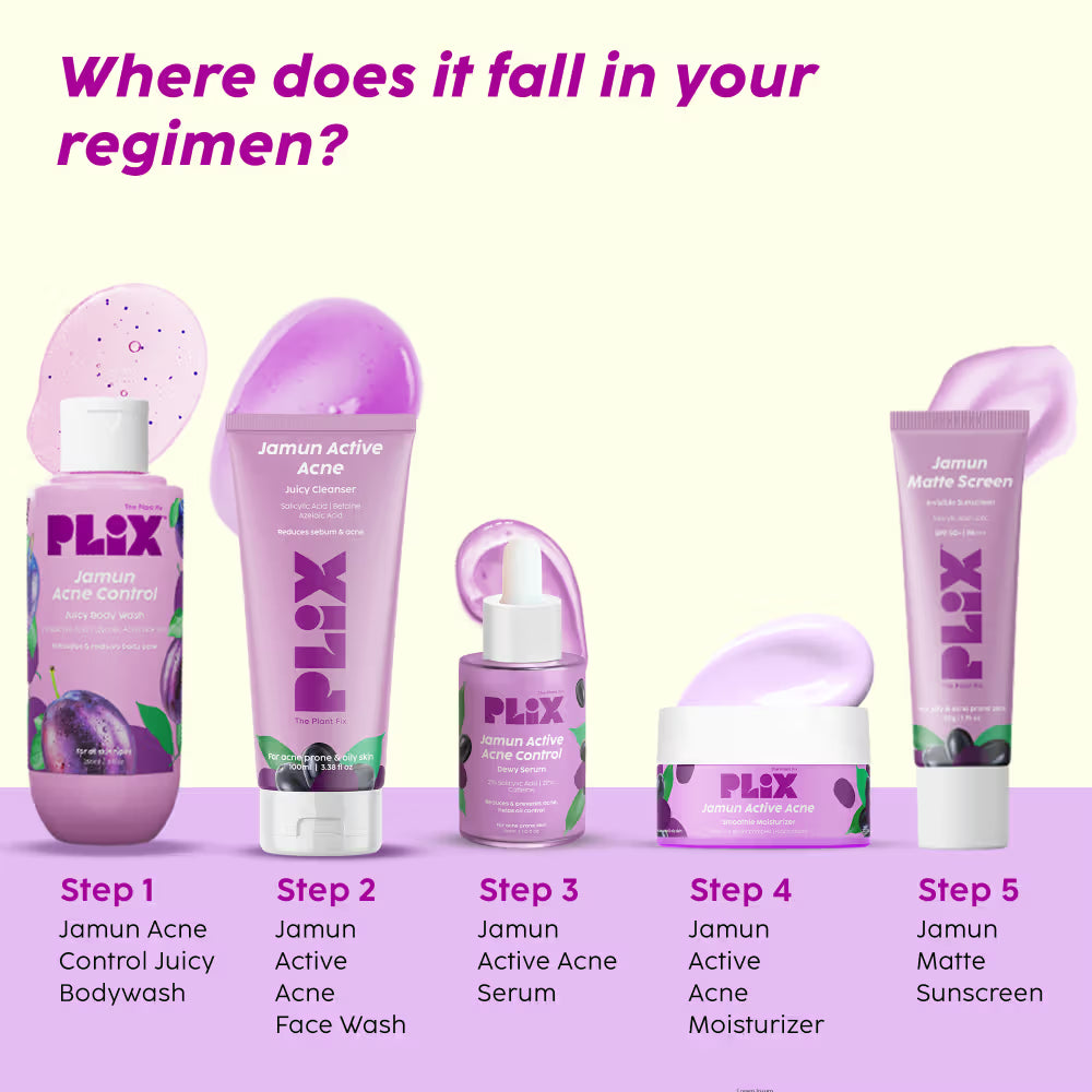 Plix Jamun Skincare Combo With Cleanser, Body Wash & Active Acne Serum For Women & Men (3 pcs)