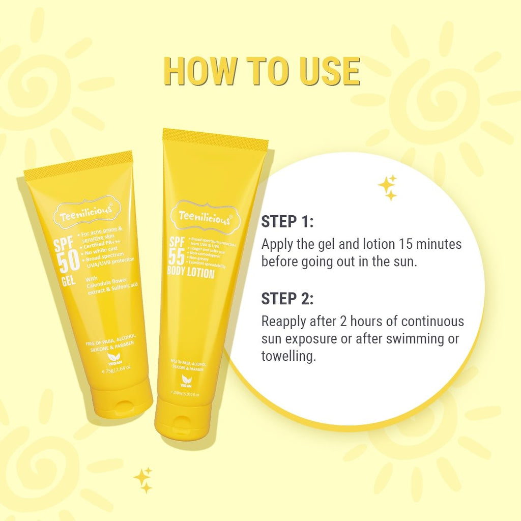 Fixderma Teenilicious SPF Sunscreen Kit, Face Gel + Body Lotion, Broad Spectrum PA+++ ,No White Cast, Light Weight