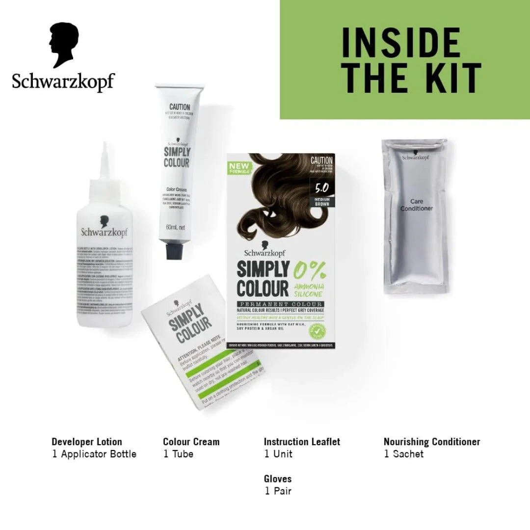 Schwarzkopf Simply Colour Permanent Hair Colour For 100% Grey Coverage - 5.00 Medium Brown (142.5ml)