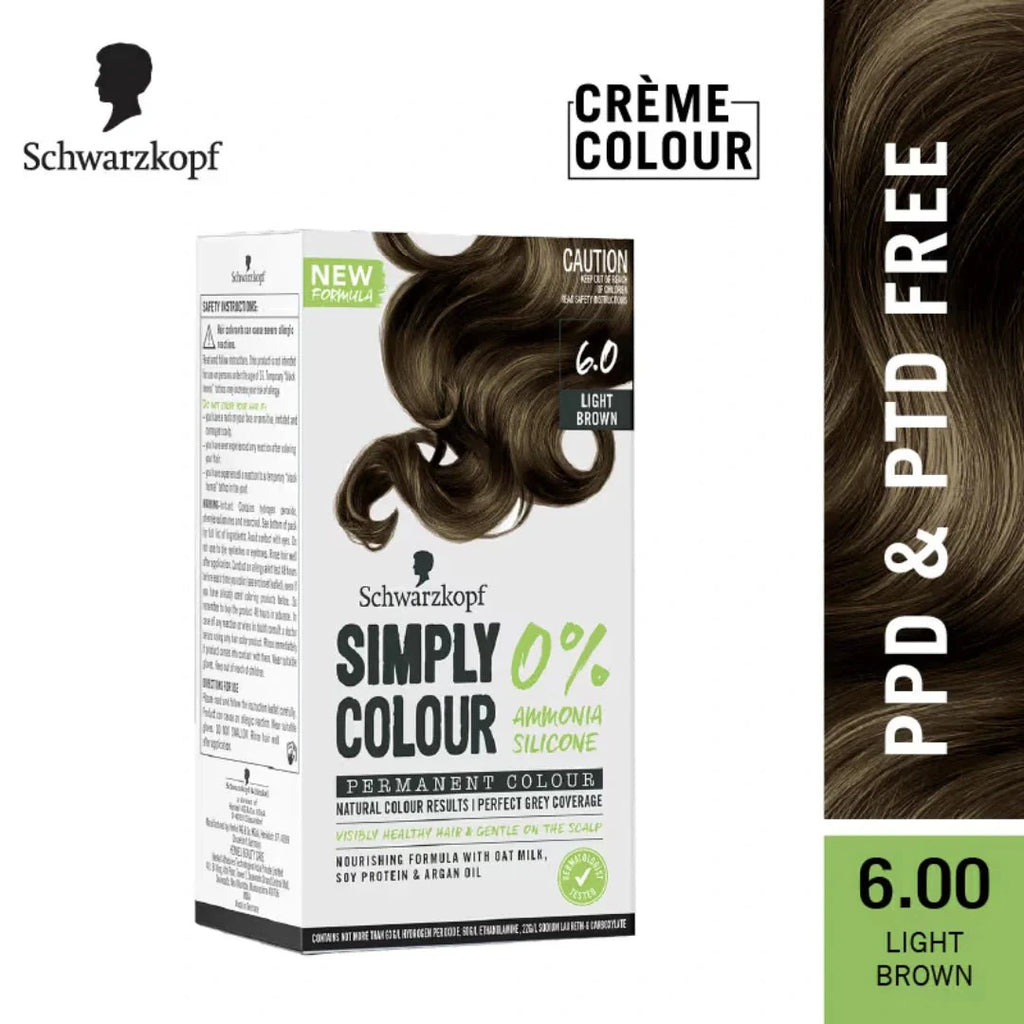 Schwarzkopf Simply Colour Permanent Hair Colour For 100% Grey Coverage - 6.00 Light Brown (142.5ml)