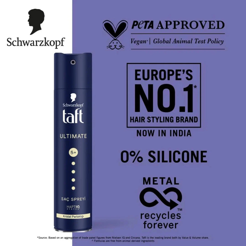 Schwarzkopf TAFT Ultimate Hair Spray For Hair With Crystal Shine | Hold 5+ For 72H hold (250ml)