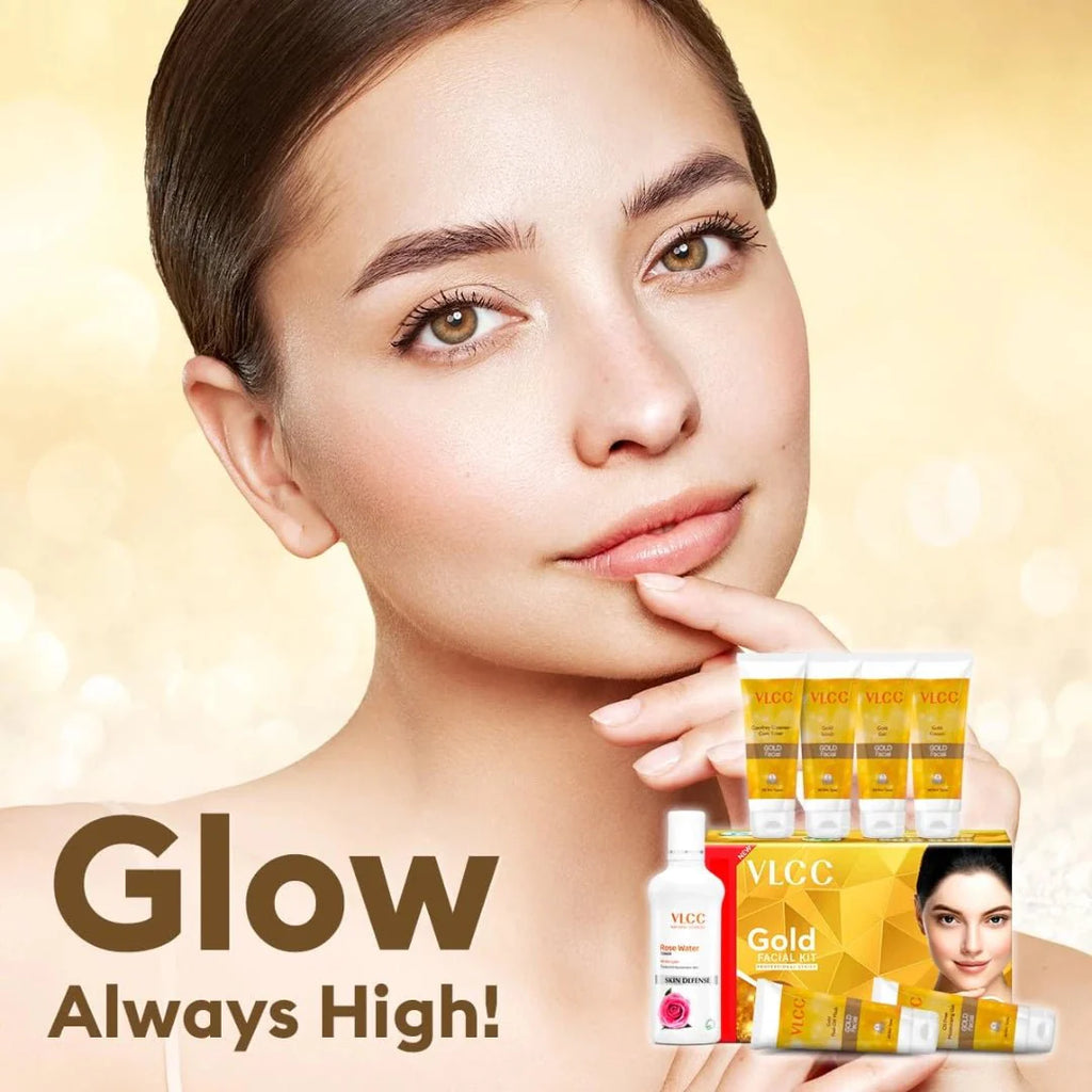 VLCC Gold Facial Kit with FREE Rose Water Toner - 300g + 100ml | 24K Colloidal Gold And Aloe Vera At Home Facial Kit | Bright & Radiant Complexion, Skin Cell Regeneration | Instant Glow Facial.